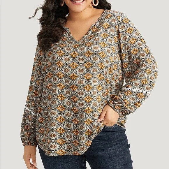 BloomChic Bohemian Print Lantern Sleeve Top Plus Size 1X - Picture 1 of 6
